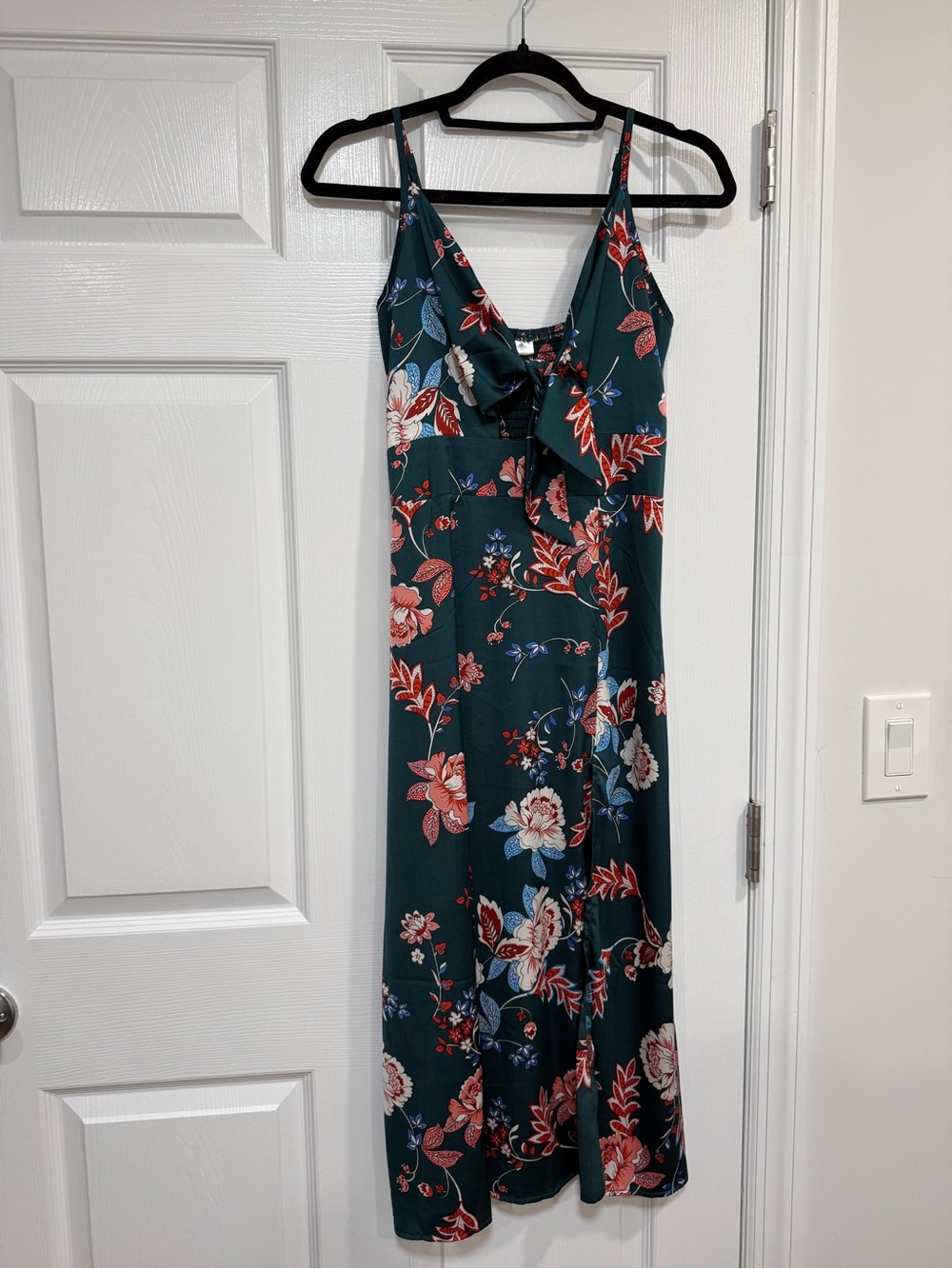 Floral Tie-Front Teal Midi Slip Dress with slit